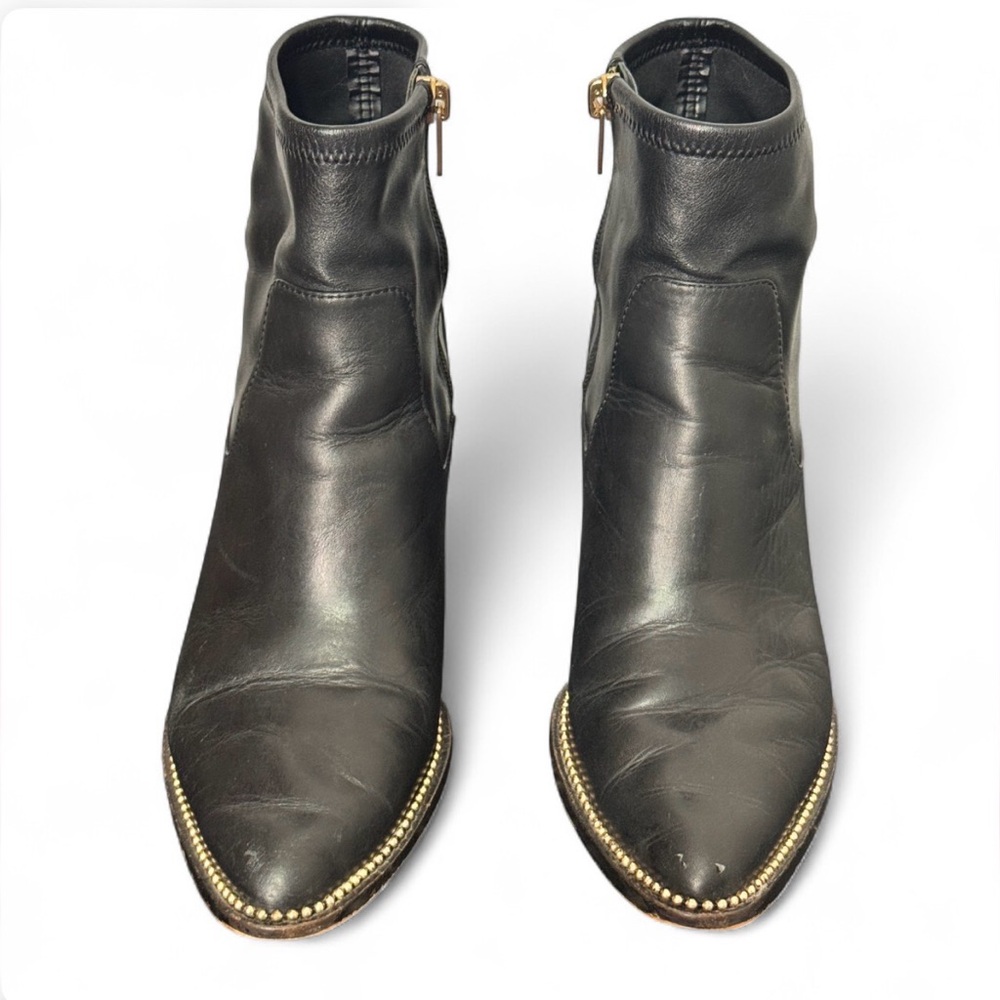 Coach Black Leather Ankle Booties Pointed Toe Block Heel Stud Sz 8.5 Mob Wife - Picture 7 of 12